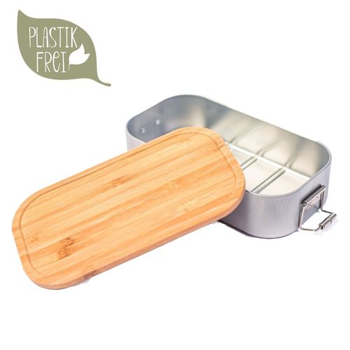 Plasticfree lunch box metal 700 ml with bamboo lid and clip